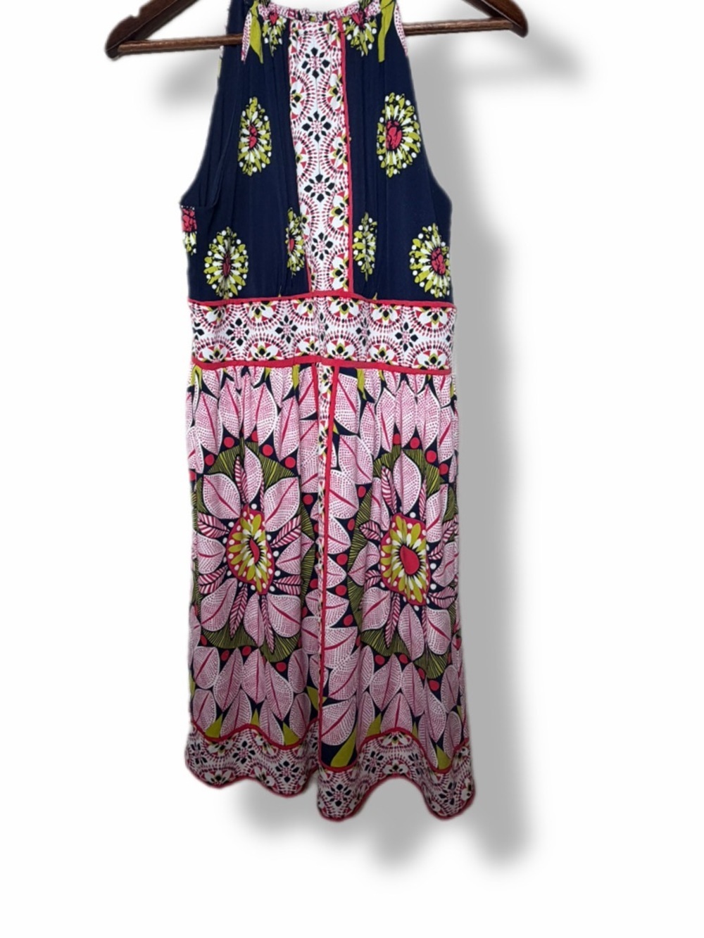 Maggie L Size 10 Floral Halter Dress Navy Pink Keyhole Neck Sleeveless Midi